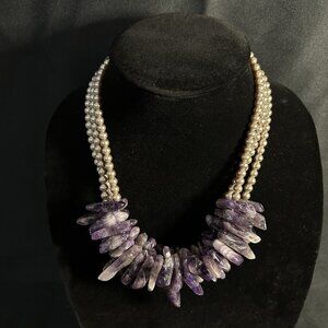Ali Khan New York 3 Strands Amethyst Spikes Necklace Silver Tone & Purple Sz 16”